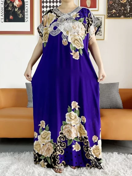 New Style Muslim Lady Summer Short Sleeve Dress Rose Floral Print Colorful Boubou Maxi Islam Women Dress African Abaya Clothes