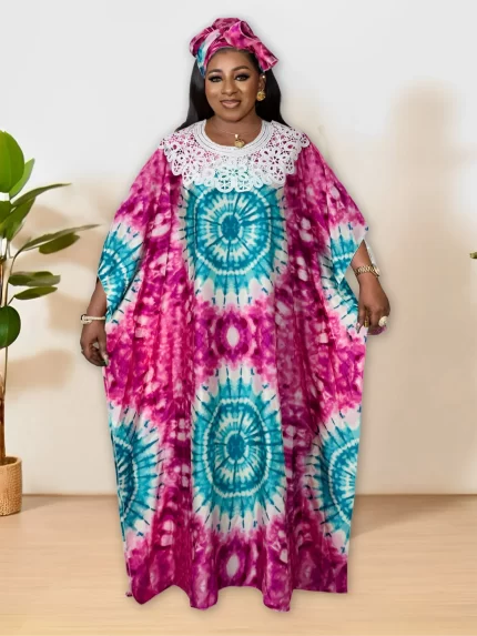 Plus Size Colorblock Tie Dye Pattern Kaftan Dress, Elegant Crew Neck Batwing Sleeve Maxi Dress, Women's Plus Size Clothing